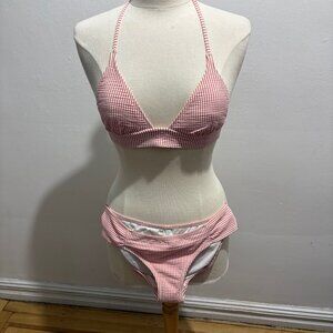 J Crew retro halter-neck bikini in seersucker in off-white and coral pink